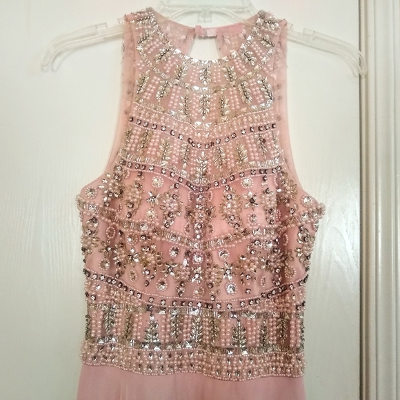 Heavily Beaded Pink & Silver Illusion High Neck, Backless, A-line Formal Gown - Picture 2 of 7